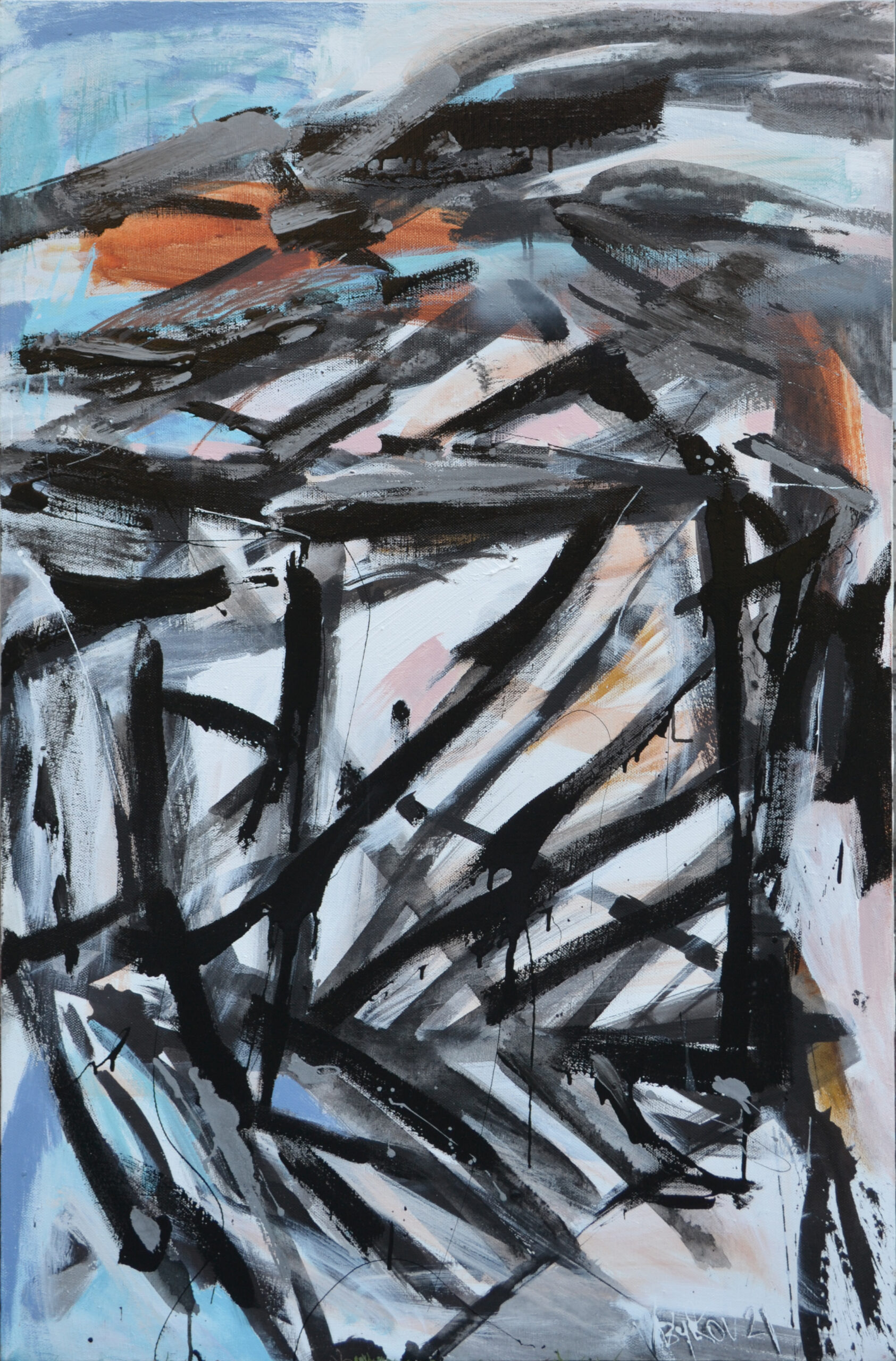 Весна. (за мотивами конспектів із зошита учителя математики) серія "дослідна деконструкція гармонії" полотно, акрил, емаль 98х150 см.